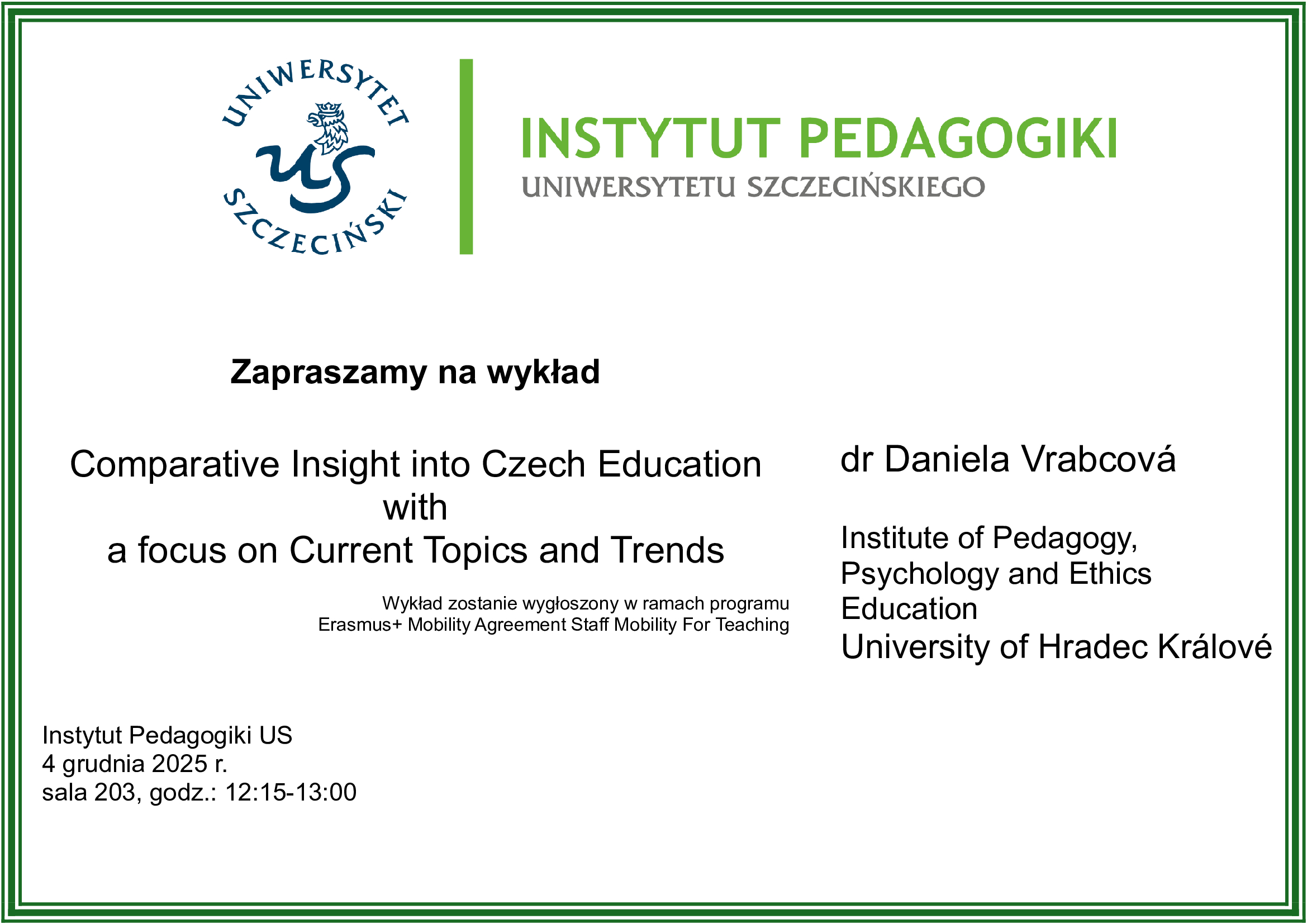 Zaproszenie na wykład – dr Daniela Vrabcová