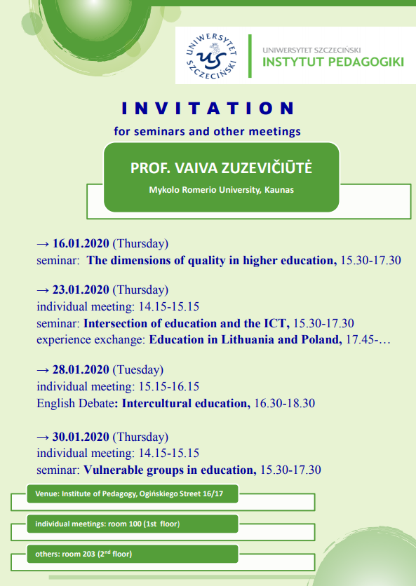 Invitation for seminars and other meetings PROF. VAIVA ZUZEVIČIŪTĖ Mykolo Romerio University