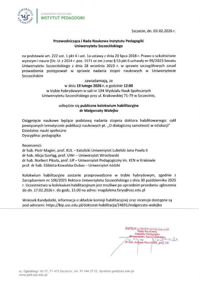 Kolokwium habilitacyjne dr Małgorzaty Wałejko