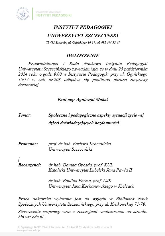 Publiczna obrona rozprawy doktorskiej Pani mgr Agnieszki Makaś