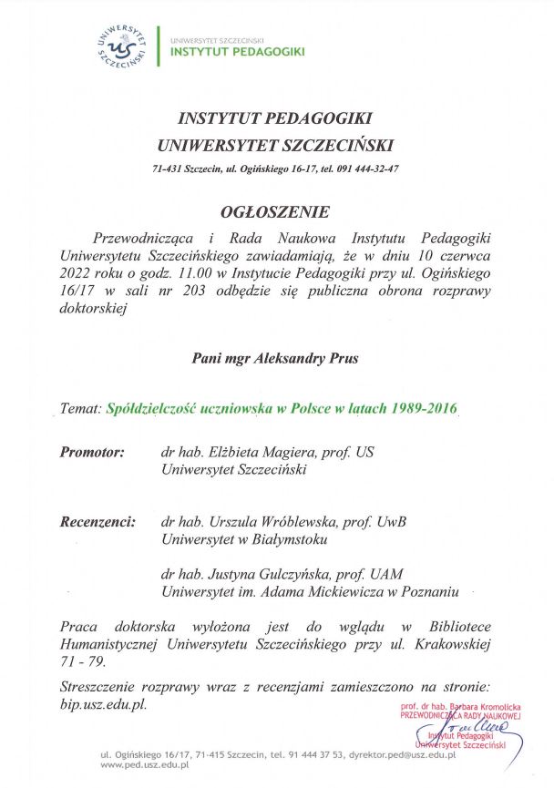 Publiczna obrona rozprawy doktorskiej Pani mgr Aleksandry Prus
