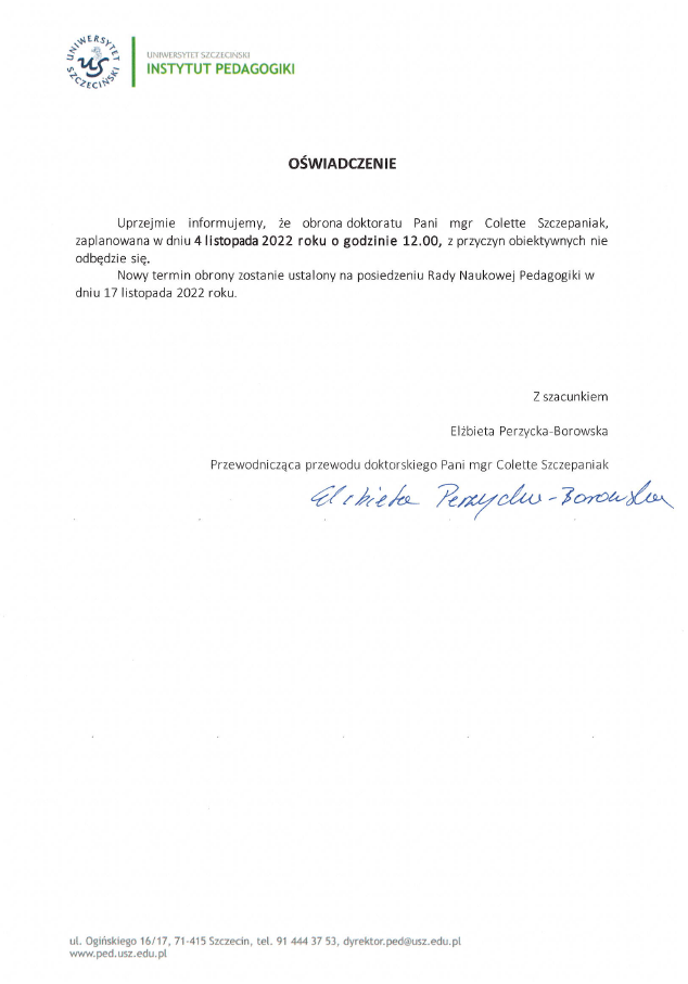 Oświadczenie w sprawie obrony doktoratu mgr Colette Szczepaniak