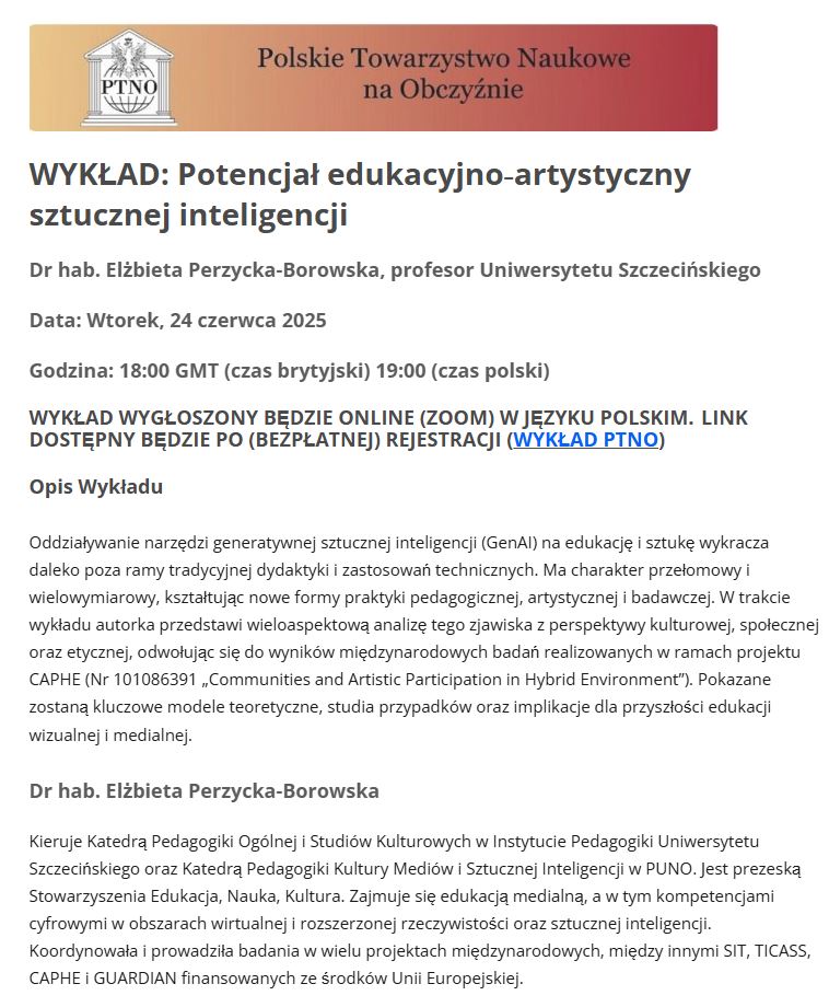 Zapraszamy na wykład: Potencjał edukacyjno‑artystyczny sztucznej inteligencji
