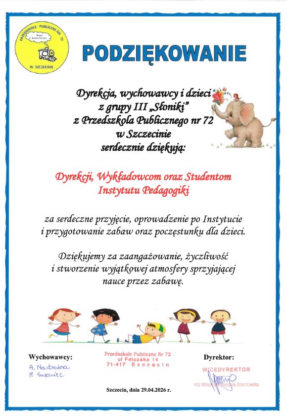 Podziękowania z Przedszkola Publicznego nr 72 Kraina Juliana Tuwima w Szczecinie