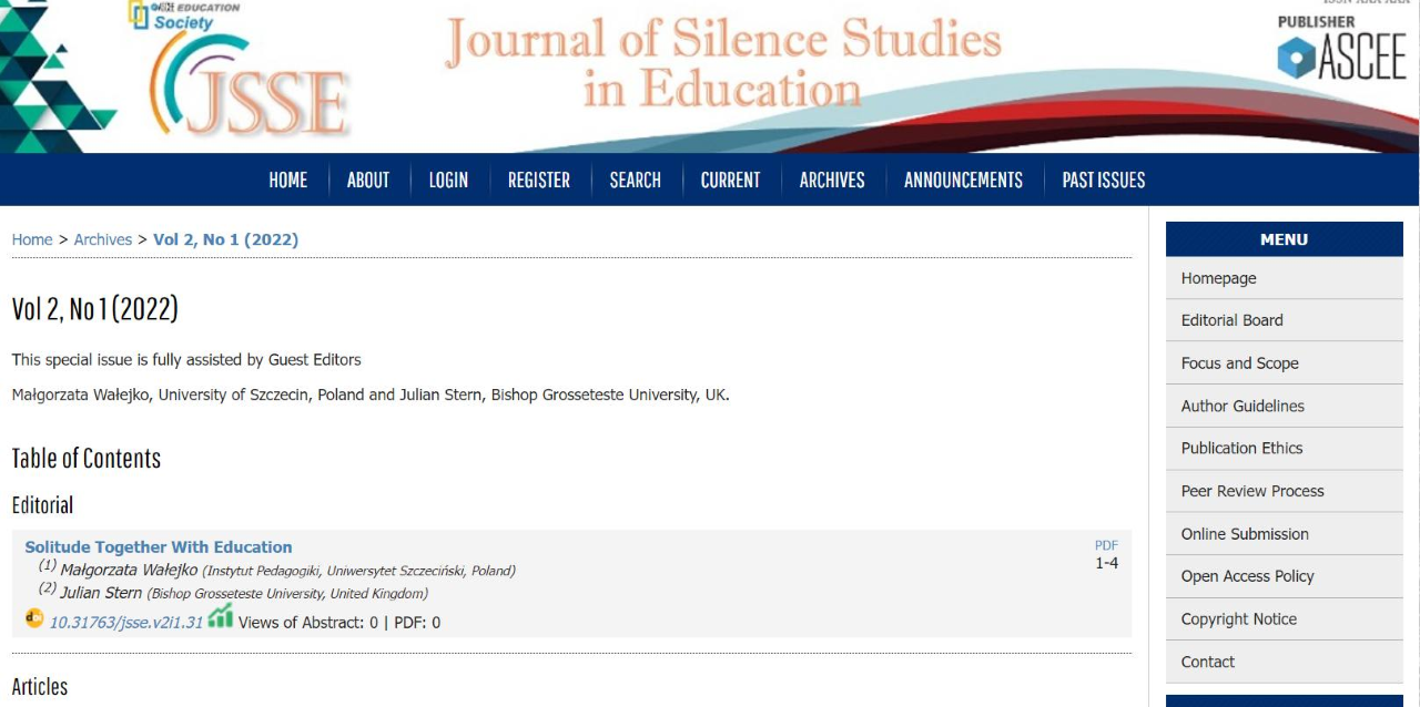 dr Małgorzata Wałejko redaktorem czasopisma  Journal of Silence Studies in Education wydawanego w Australii
