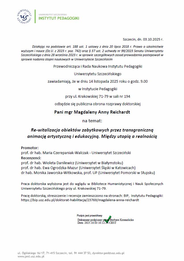 Publiczna obrona rozprawy doktorskiej Pani mgr Magdaleny Reichardt